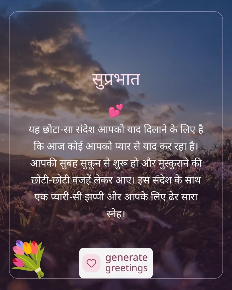 सुप्रभात यह छोटा-सा संदेश आपको याद दिलाने के लिए है कि आज कोई आपको प्यार से याद कर रहा है। आपकी सुबह सुकून से शुरू हो और मुस्कुराने की छोटी-छोटी वजहें लेकर आए। इस संदेश के साथ एक प्यारी-सी झप्पी और आपके लिए ढेर सारा स्नेह।